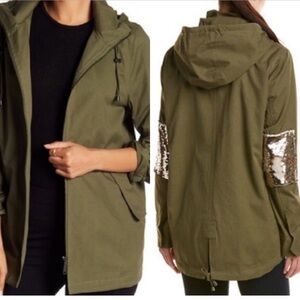 Sam Edelman Sequin Elbow Patch Hooded Jacket Olive Khaki Green Medium